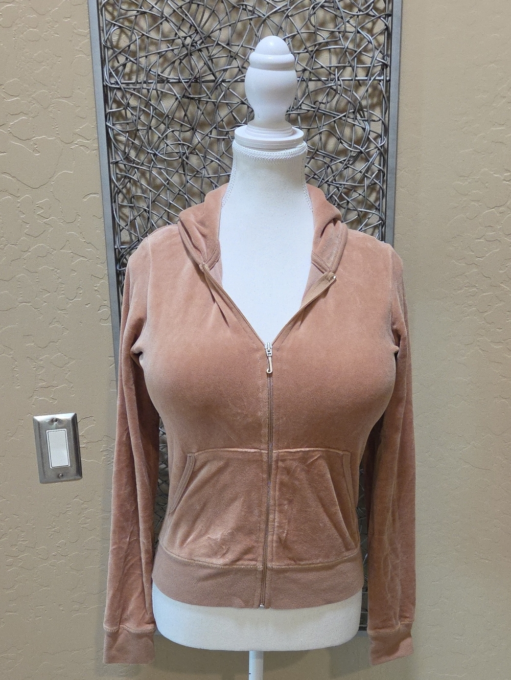 Juicy Couture Women's Zip-Front Velour Hoodie In Tan With 'J' Logo Zipper